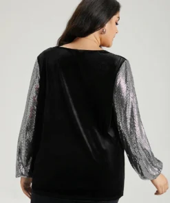 Sequin Patchwork V Neck Lantern Sleeve Sweatshirt -Clothing Shop 217431221 fc