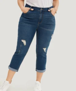 Very Stretchy Dark Wash Roll Hem Cropped Jeans