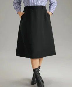 Plain Pocket Elastic Waist A-line Skirt