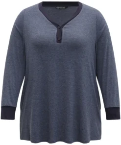 V Neck Button Up Contrast Elastic Cuffs Pocket T-shirt -Clothing Shop 217933410 mf