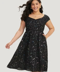 Star Glitter Pocket Ruched Square Neck Dress -Clothing Shop 217969204 wm