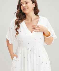 Floral Print Dolman Sleeve V Neck Pocket Ruffle Hem Dress -Clothing Shop 218006750 sq