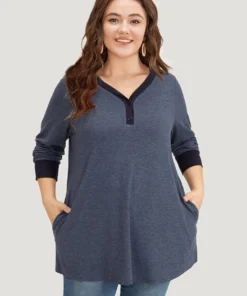 V Neck Button Up Contrast Elastic Cuffs Pocket T-shirt