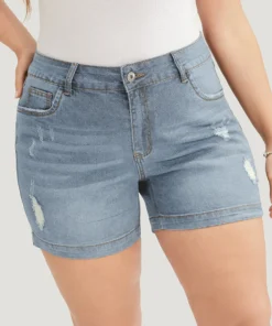 Moderately Stretchy High Rise Dark Wash Distressed Denim Shorts -Clothing Shop 219690832 va 7a40fe98 ccd3 48b3 af5e eb12e8a6af1d