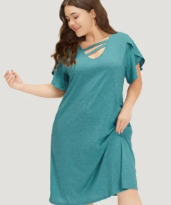 Supersoft Essentials Solid Pocket Keyhole Petal Sleeve Dress -Clothing Shop 219760569 bn