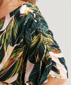 Tropical Print Belt Ruched Sleeve Surplice Neck Jumpsuit -Clothing Shop 219898036 wi