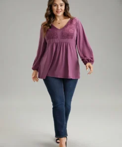 Lace Patchwork Gathered Lantern Sleeve T-shirt -Clothing Shop 219930927 zy