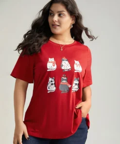 Christmas Cat Print Round Neck T-shirt -Clothing Shop 220974620 mn