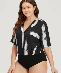 Brush Print Shirt Collar Elastic Waist Bodysuit -Clothing Shop 221368250 fq