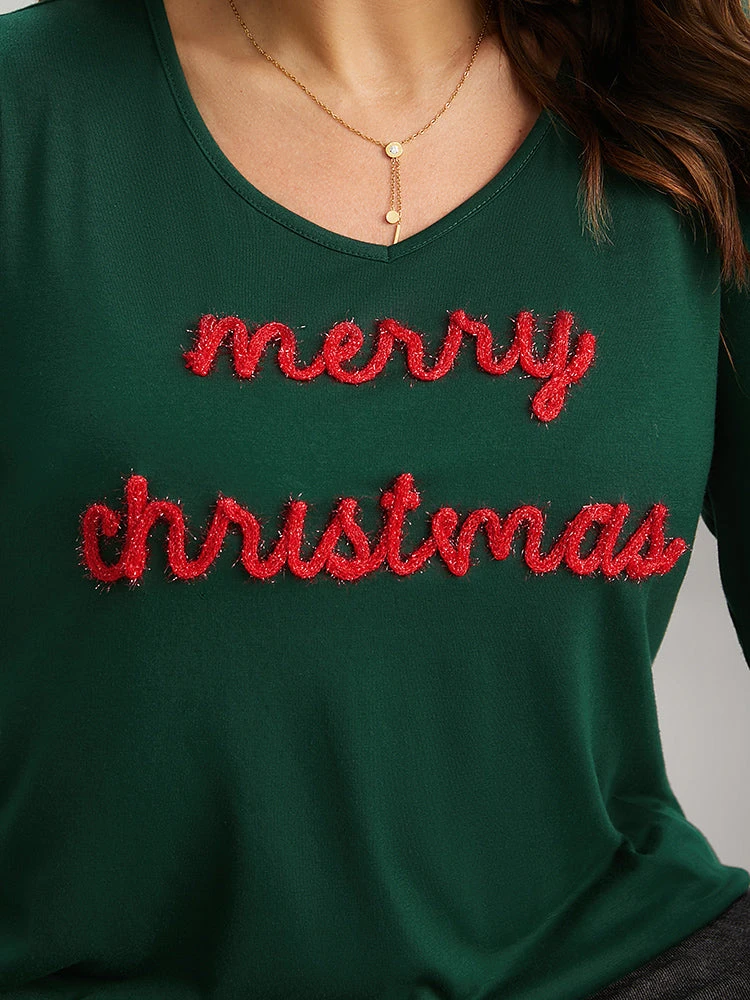 Christmas Letter Embroidered Contrast T-shirt 8 Christmas Letter Embroidered Contrast T-shirt - Image 6