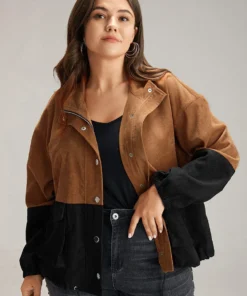 Two Tone Zipper Pocket Button Up Jacket