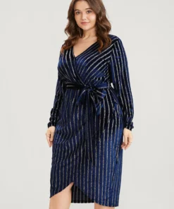 Glitter Striped Wrap Belted Velvet MIdi Dress -Clothing Shop 222579067 jq