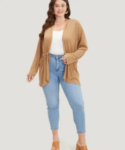 Plain Drawstring Bowknot Front Drop Shoulder Cardigan -Clothing Shop 223138650 sr