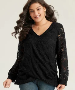 Plain Embroidered Guipure Lace Wrap Blouse -Clothing Shop 223188210 le