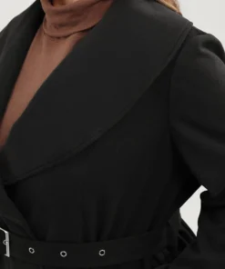 Solid Lapel Collar Pocket Belted Open Front Coat -Clothing Shop 223373283 az