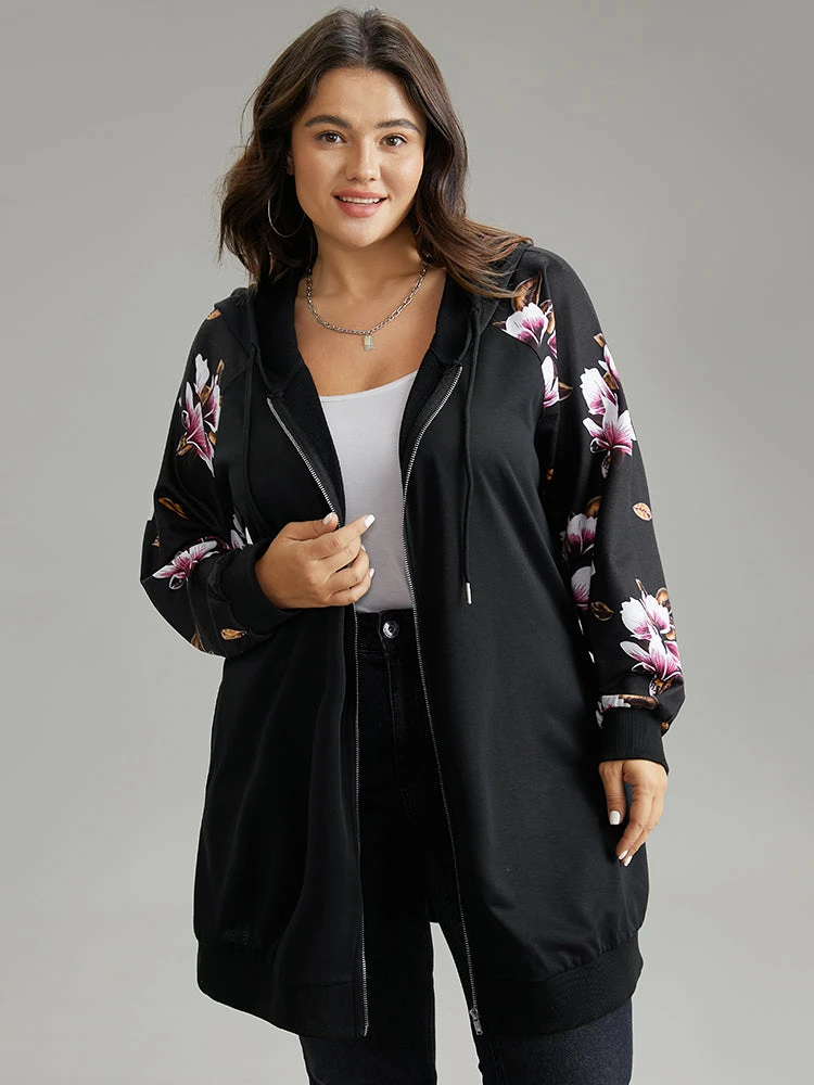 Floral Zipper Hooded Patchwork Raglan Sleeve Sweatshirt 8 Floral Zipper Hooded Patchwork Raglan Sleeve Sweatshirt - Image 6