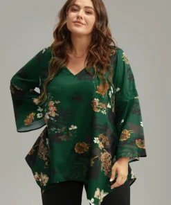 Floral Lace Panel V Neck Hanky Hem Blouse -Clothing Shop 223722932 vp