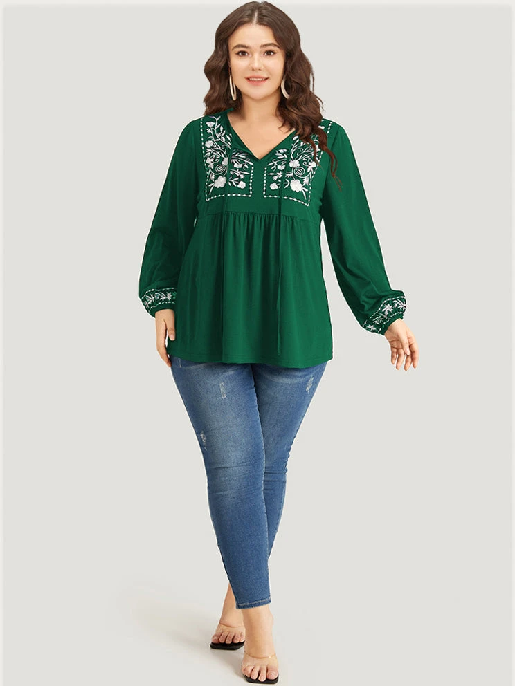 Floral Embroidered Knot Neck Lantern Sleeve T-shirt 21 Floral Embroidered Knot Neck Lantern Sleeve T-shirt - Image 19