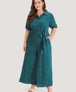 Polka Dot Belted Puff Sleeve Shirt Collar Jumpsuit