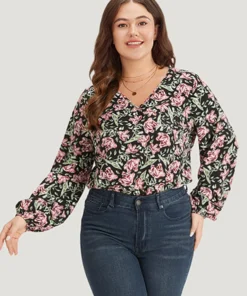 Floral Print V Neck Elastic Waist Lantern Sleeve Bodysuit