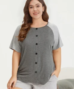 Colorblock Contrast Button Detail Raglan Sleeve Sleep Top -Clothing Shop 226861733 gp