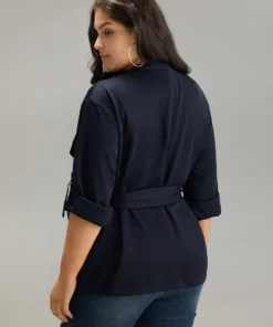 Anti-Wrinkle Plain Belted Tab Sleeve Blazer -Clothing Shop 226960768 qi