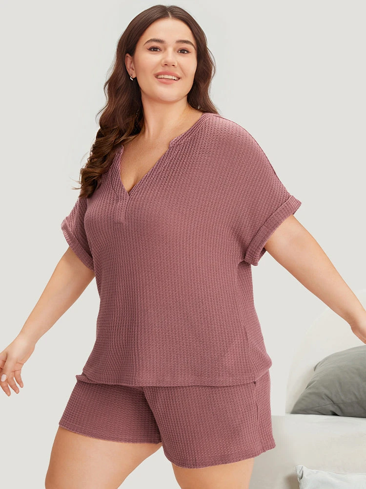 Waffle Knit Notched Roll Batwing Sleeve Sleep Top 5 Waffle Knit Notched Roll Batwing Sleeve Sleep Top - Image 3