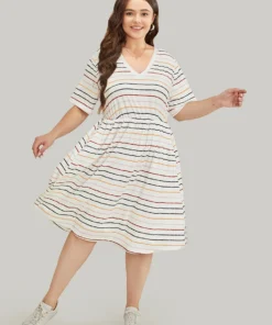 Rainbow Striped V Neck Pocket Contrast Midi Dress -Clothing Shop 22896171 io 573ac8a2 2b94 4f56 b179 801973991c30