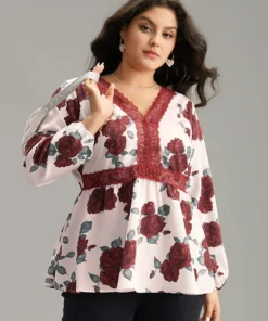 Floral Print Eyelet Lace Lantern Sleeve Blouse -Clothing Shop 229270083 cw