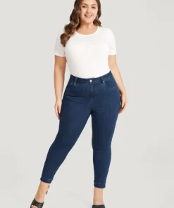 Solid Very Stretchy Dark Wash Zipper Side Jeans -Clothing Shop 229573190 zg