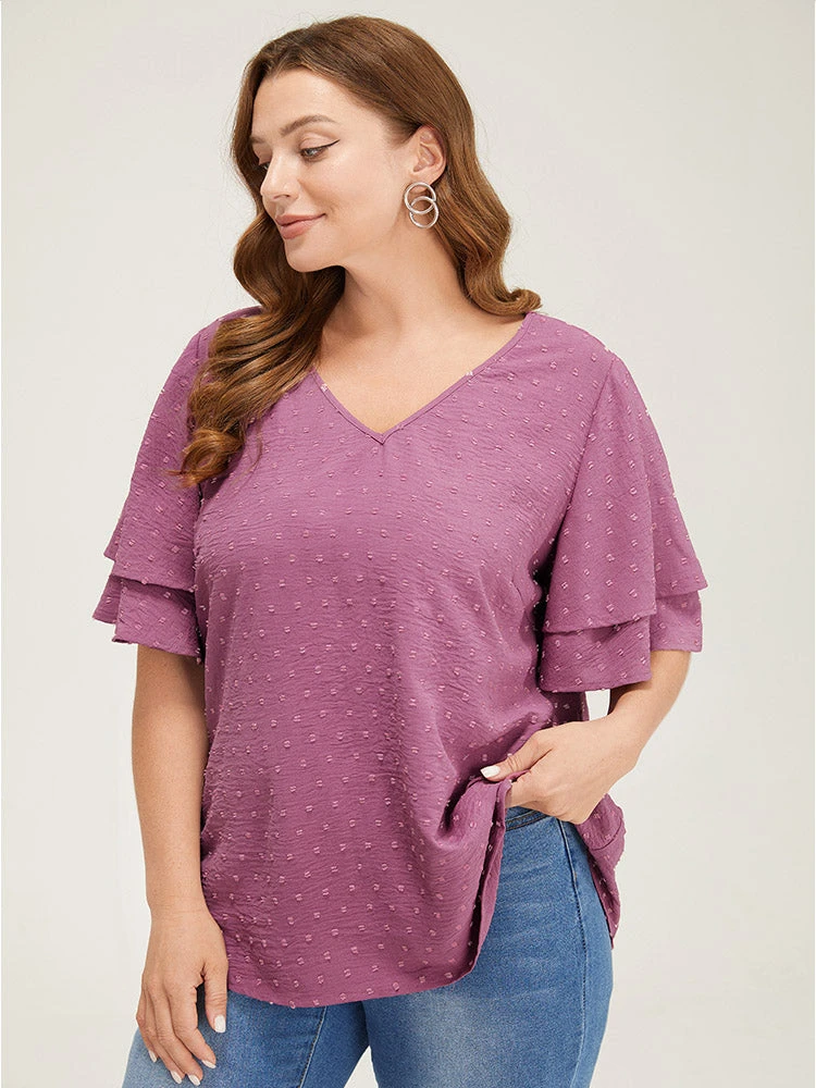 Plain Ruffle Tiered Sleeve V Neck Polka Dot Blouse 4 Plain Ruffle Tiered Sleeve V Neck Polka Dot Blouse - Image 2