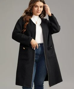 Solid Tweed Pocket Metai Detail Zipper Coat -Clothing Shop 230178350 hk