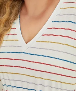 Rainbow Striped V Neck Pocket Contrast Midi Dress -Clothing Shop 230866806 oi