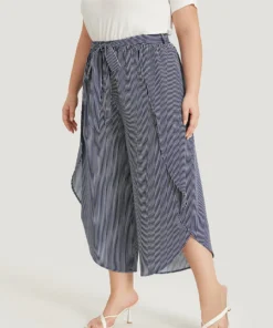Striped Print Belted Wrap Hem Loose Pants -Clothing Shop 230946888 qv