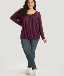 Plain Pleated Round Neck T-shirt -Clothing Shop 230952197 ub