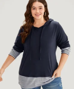 Striped Patchwork Hooded Drawstring T-shirt -Clothing Shop 230983289 ac 27841719 1e84 4dfc bdfb 712ebb539f19