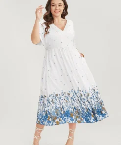 Floral Print Dolman Sleeve V Neck Pocket Ruffle Hem Dress -Clothing Shop 231946411 we