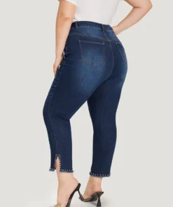 Plain Split Side Beaded Detail Dark Wash Jeans -Clothing Shop 231956565 ml