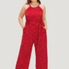 Polka Dot Pocket Belt Halter Neck Jumpsuit