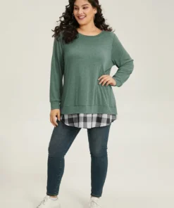 Heather Plaid Patchwork Crew Neck T-shirt -Clothing Shop 232416535 ws d6b5e437 8b75 4e02 8cff 77bd8e0dda3b
