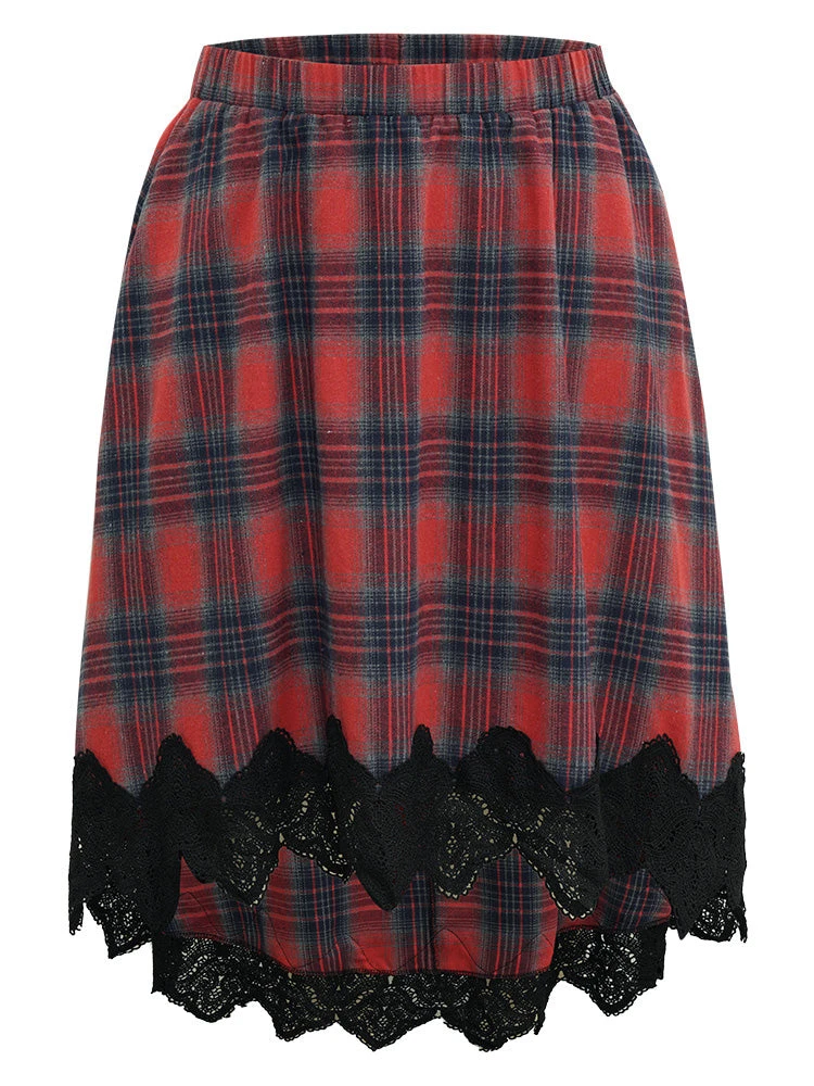 Plaid Lace Panel Pocket High Low Hem Skirt 8 Plaid Lace Panel Pocket High Low Hem Skirt - Image 6