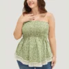 Ditsy Floral Frill Trim Tassels Hem Shirred Off Shoulder Blouse
