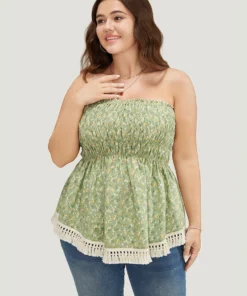 Ditsy Floral Frill Trim Tassels Hem Shirred Off Shoulder Blouse