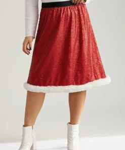 Christmas Sequin Patchwork Fuzzy Trim Skirt