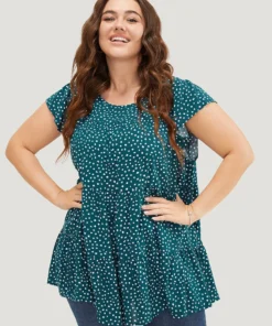 Allover Print Cap Sleeve Ruffle Hem Gathered Blouse -Clothing Shop 233628340 iv a4c39a64 4502 484e a0db d8638e591797