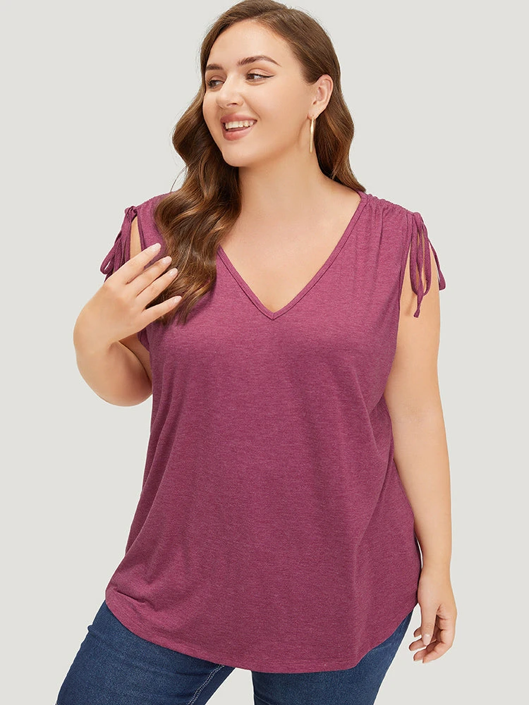 Plain V Neck Drawstring Shoulder Tank Top 4 Plain V Neck Drawstring Shoulder Tank Top - Image 2