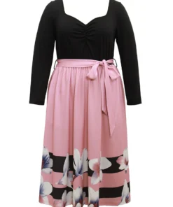 Floral Contrast Ruched Square Neck Belted Dress -Clothing Shop 23422872 yz 1727a933 01c5 46b5 8f0d 1d8804cc31a7
