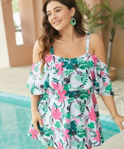 Tropical Adjustable Straps Cold Shoulder Ruffles Trim Swim Dress -Clothing Shop 234526813 xe