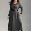 Plain Heather Metal Buckle Detail Dress With Belt