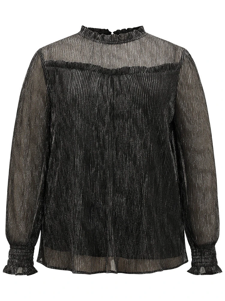 Stand Collar Mesh Patchwork Frill Trim Blouse 9 Stand Collar Mesh Patchwork Frill Trim Blouse - Image 7